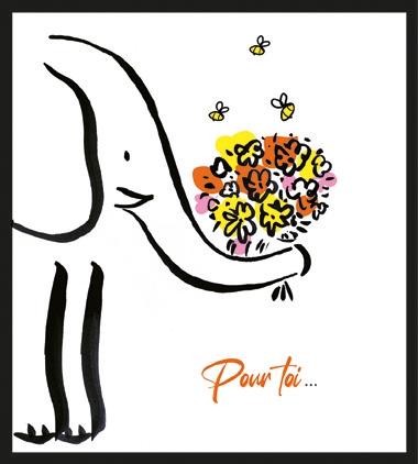 Tarjeta felicitación Elefante con ramo de flores