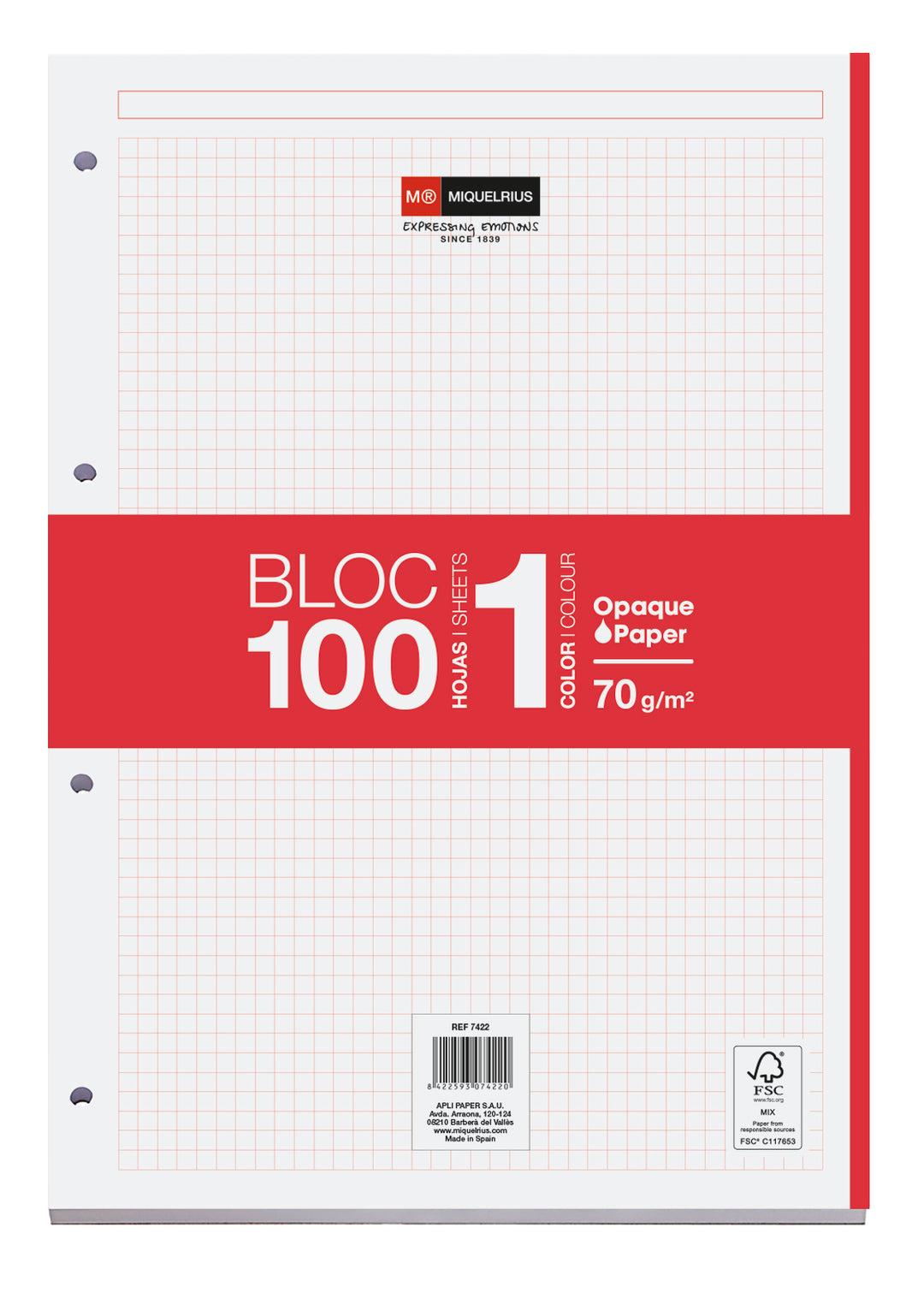 Bloc Recambio A4 Cuadrícula 100 Hojas 1 Color Miquelrius Rojo