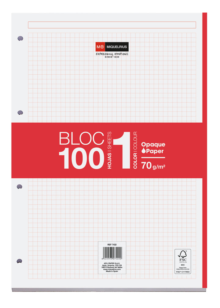 Bloc Recambio A4 Cuadrícula 100 Hojas 1 Color Miquelrius Rojo