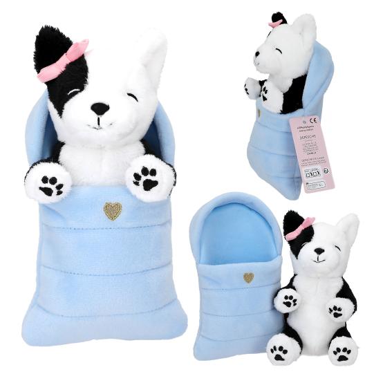 Peluches perros y gatos en saco de dormir