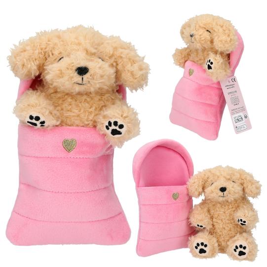Peluches perros y gatos en saco de dormir