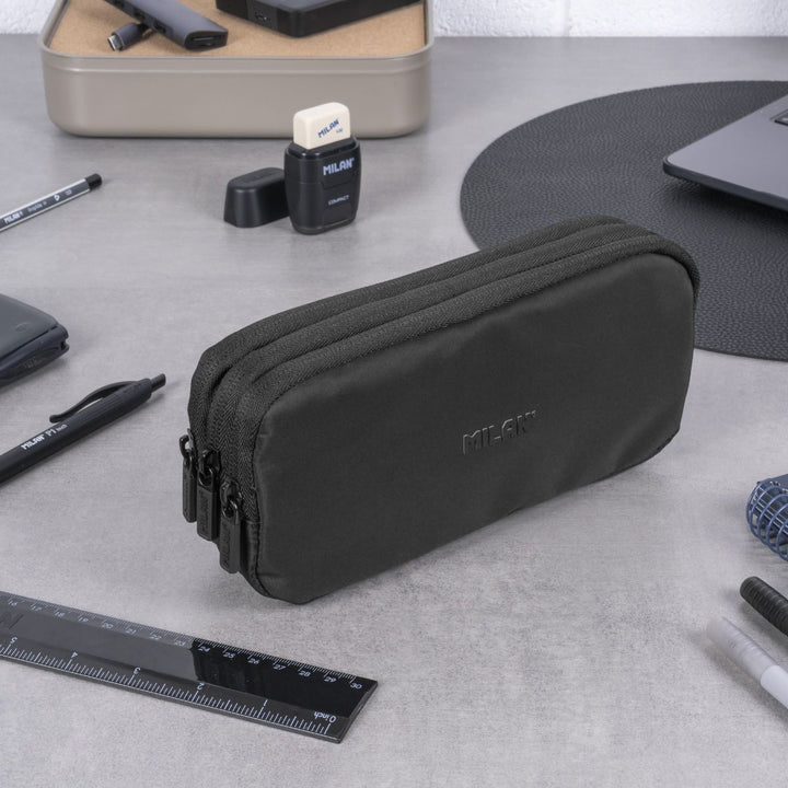Estuche portatodo 3 cremalleras serie Shadow, negro