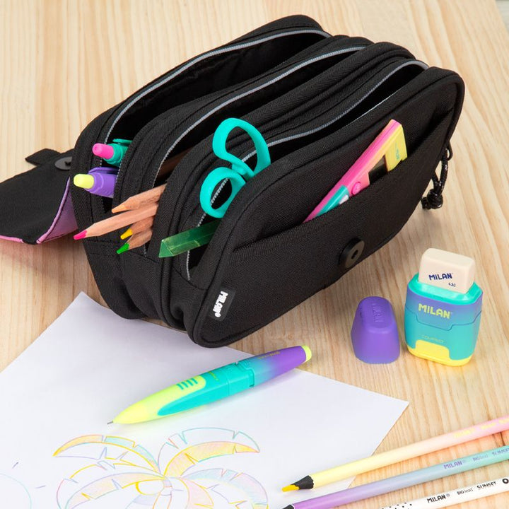Estuche portatodo 4 cremalleras con solapa Sunset, negro