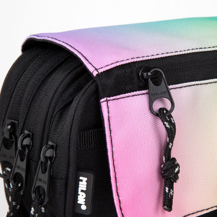 Estuche portatodo 4 cremalleras con solapa Sunset, negro