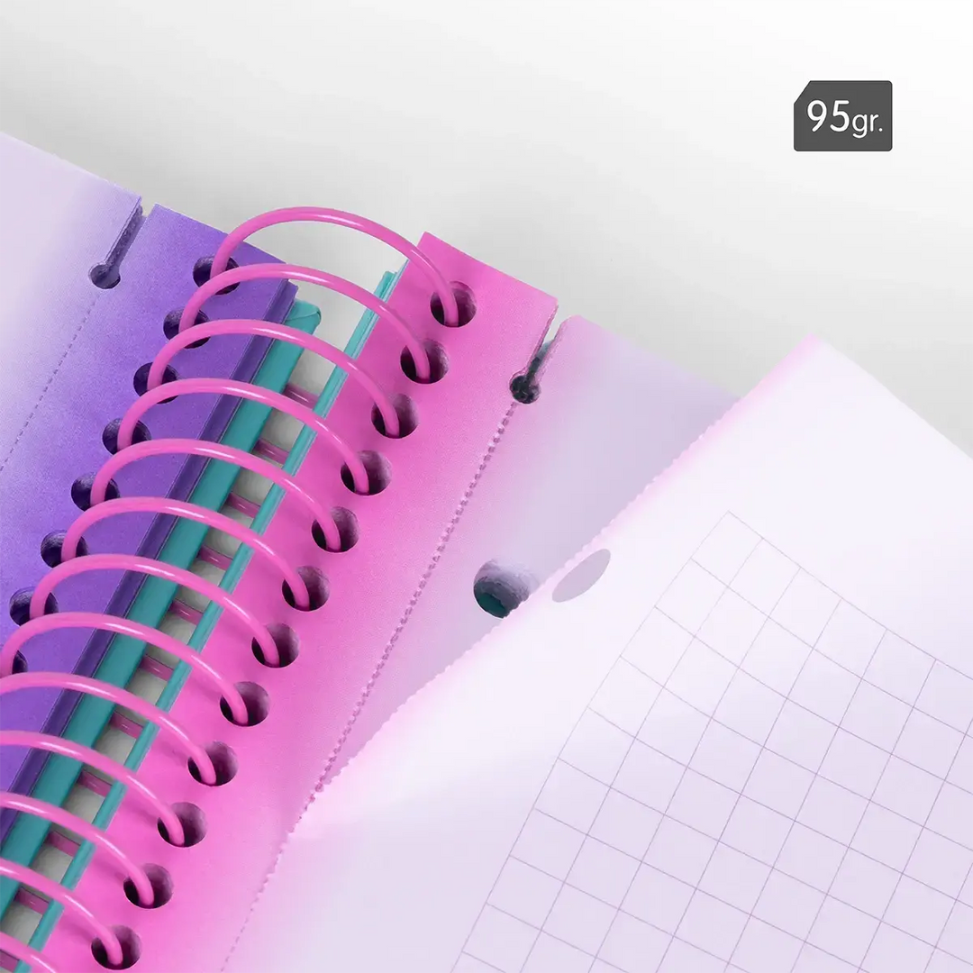 Cuaderno A4 con espiral y tapa dura, papel cuadriculado, 90 hojas de 95gr/m², colección Sunset, lila