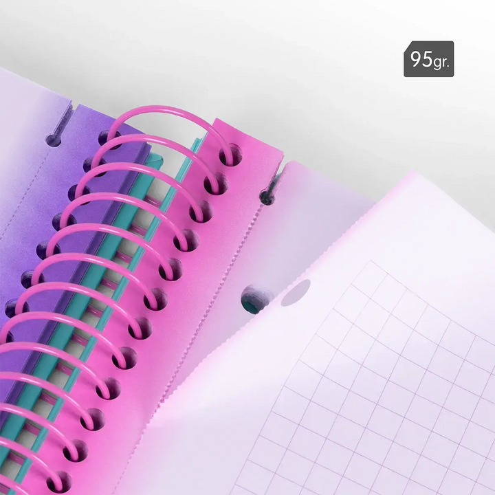 Cuaderno A4 con espiral y tapa dura, papel cuadriculado, 90 hojas de 95gr/m², colección Sunset, lila