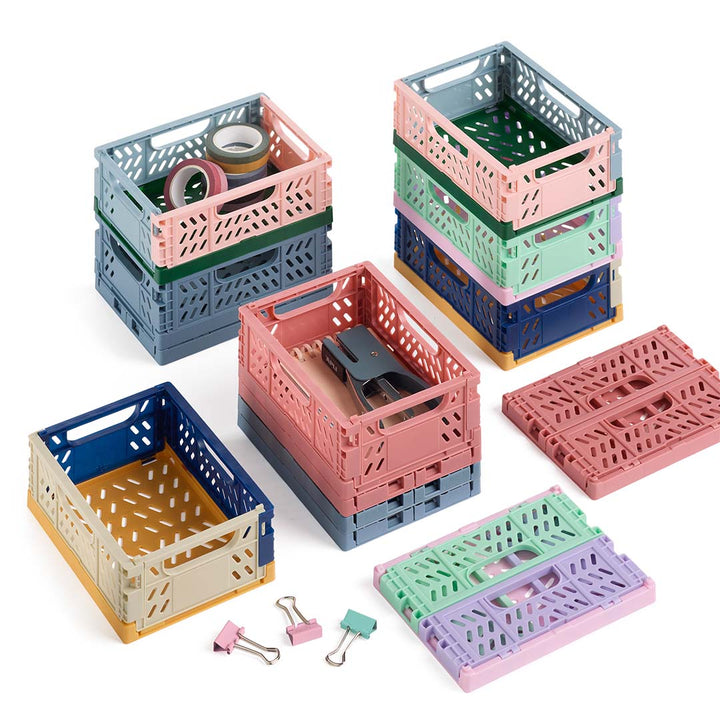Cajas plegables y apilables tricolor de base rosa