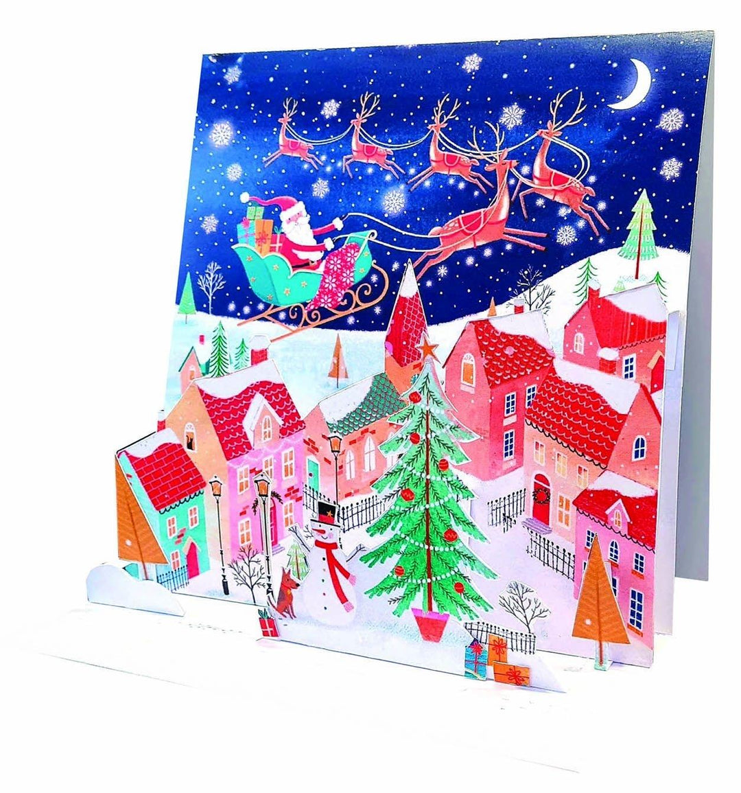 Tarjetas 3D Pop Up Navidad - Papa Noel con trineo vuela sobre el pueblo