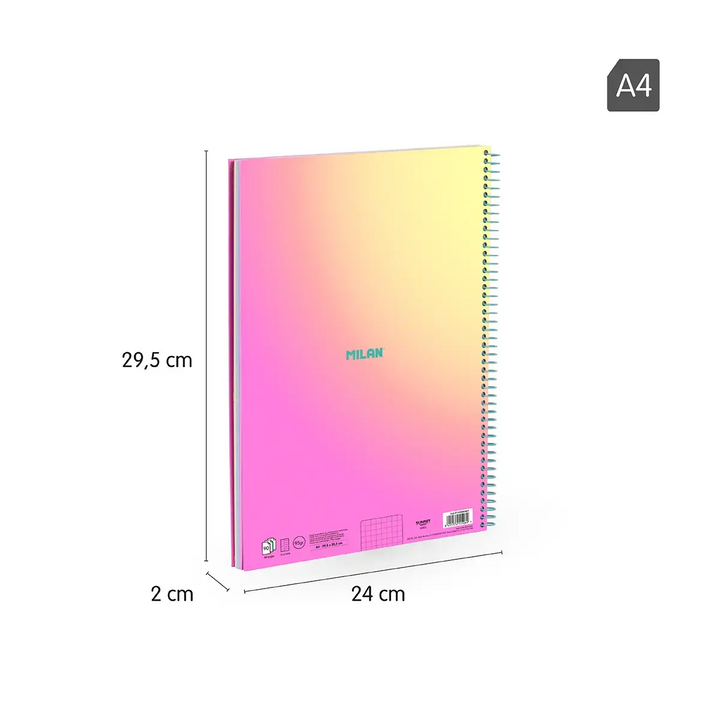 Cuaderno A4 con espiral y tapa dura, papel cuadriculado, 90 hojas de 95gr/m², colección Sunset, rosa