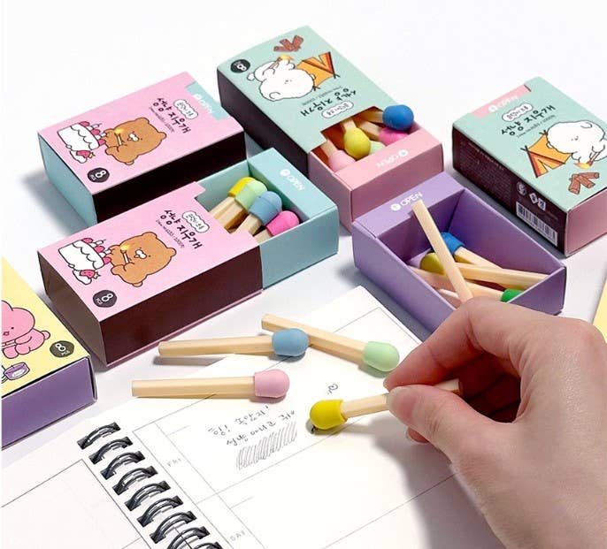 Papelería de diseño único, goma de borrar con forma de fósforos, 8 piezas, 1 caja