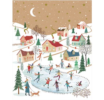 Tarjeta Navidad Kraft Work - Paisaje pueblo y lago