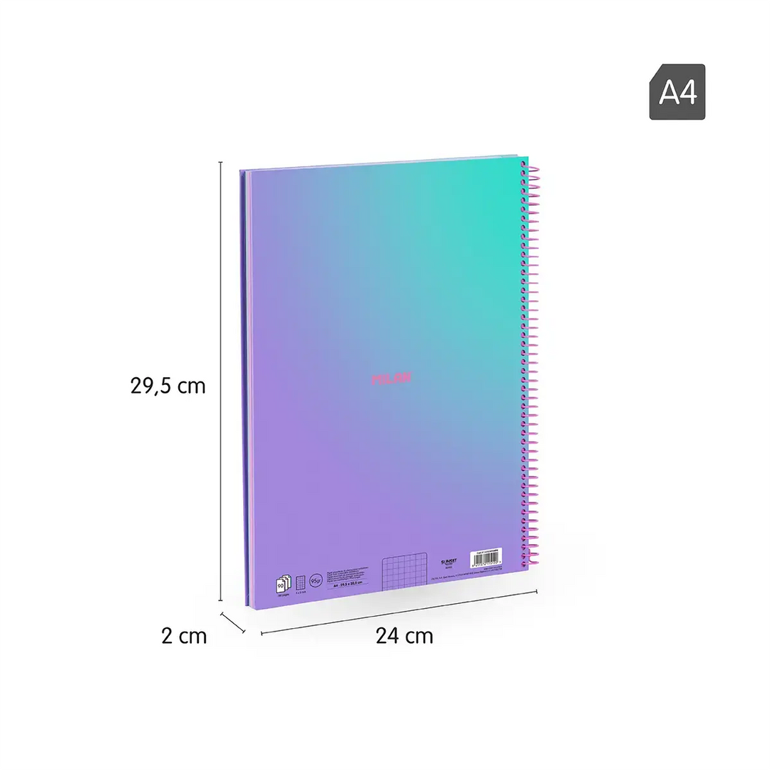 Cuaderno A4 con espiral y tapa dura, papel cuadriculado, 90 hojas de 95gr/m², colección Sunset, lila