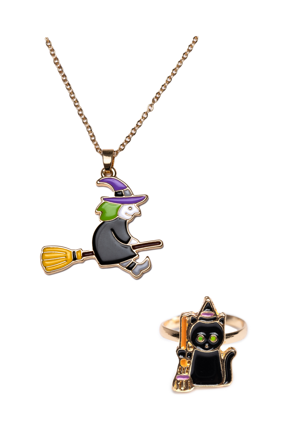 Collar de bruja y set de anillo de gato negro (2 piezas)