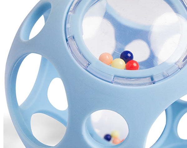 Pelota sensorial azul con sonajero