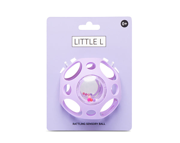 Pelota sensorial lila con sonajero
