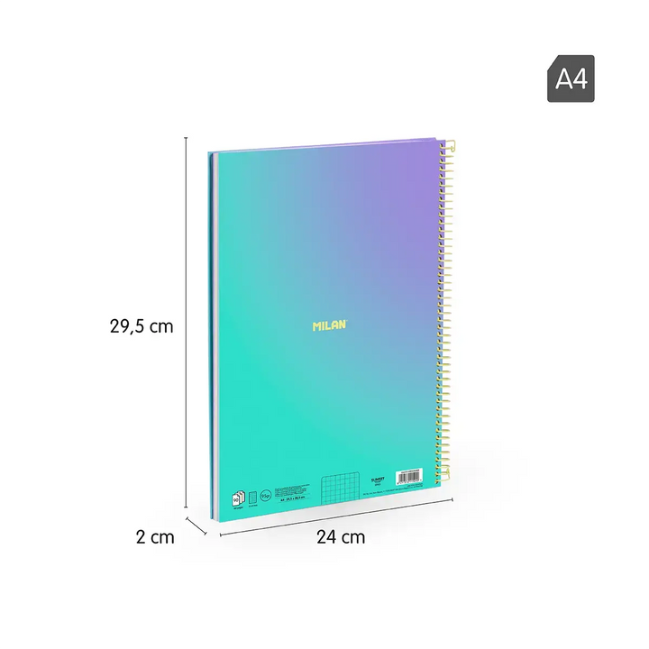 Cuaderno A4 con espiral y tapa dura, papel cuadriculado, 90 hojas de 95gr/m², colección Sunset, turquesa