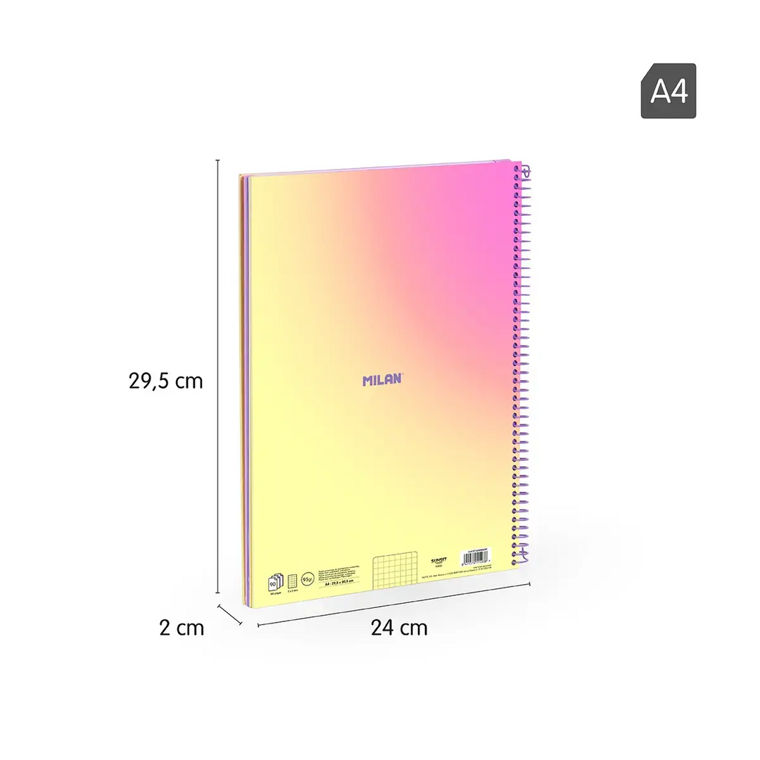 Cuaderno A4 con espiral y tapa dura, papel cuadriculado, 90 hojas de 95gr/m², colección Sunset, amarillo