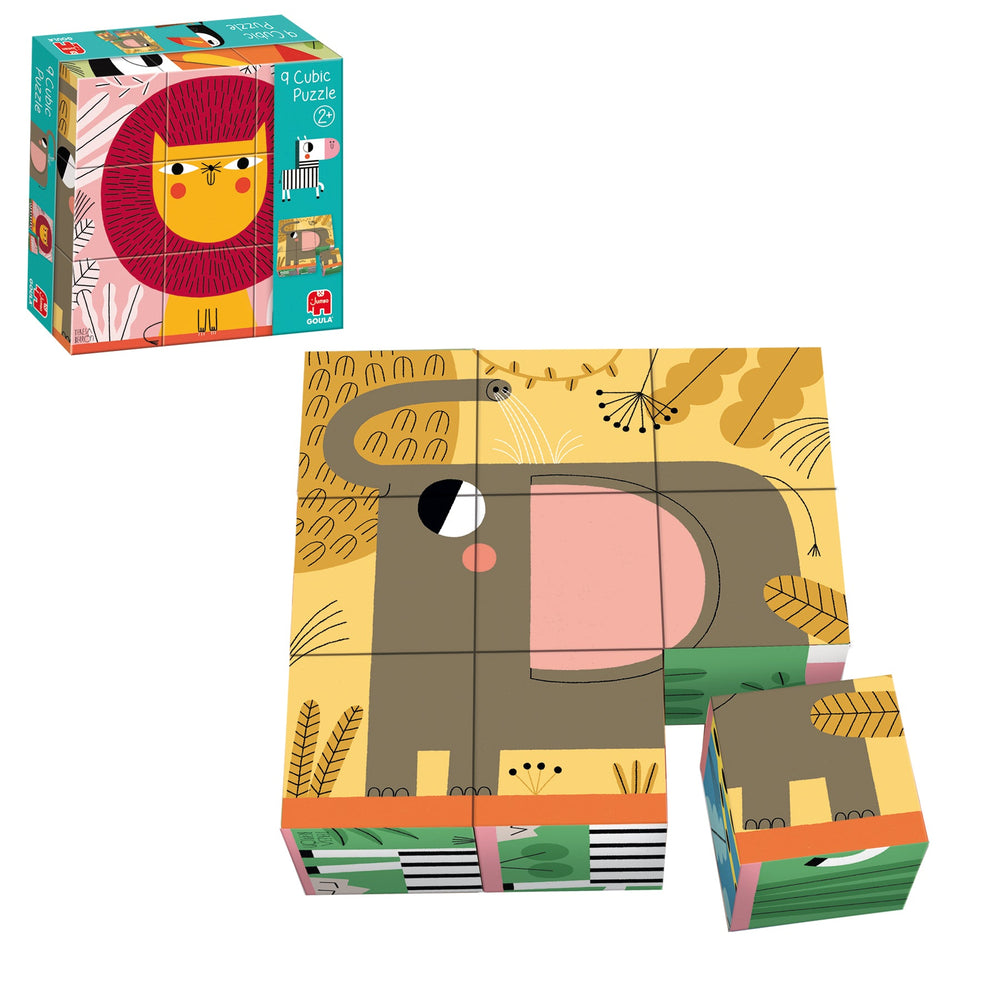 Puzzle cubos de cartón con 6 escenas diferentes de animales de la selva, 9 piezas