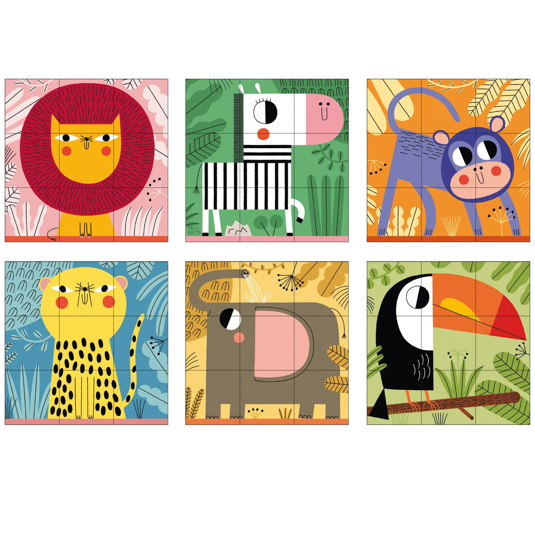 Puzzle cubos de cartón con 6 escenas diferentes de animales de la selva, 9 piezas