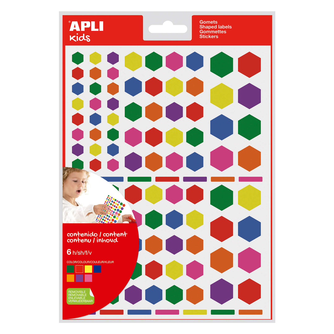 Bolsa gomets hexagonales removibles multicolor 6 hojas