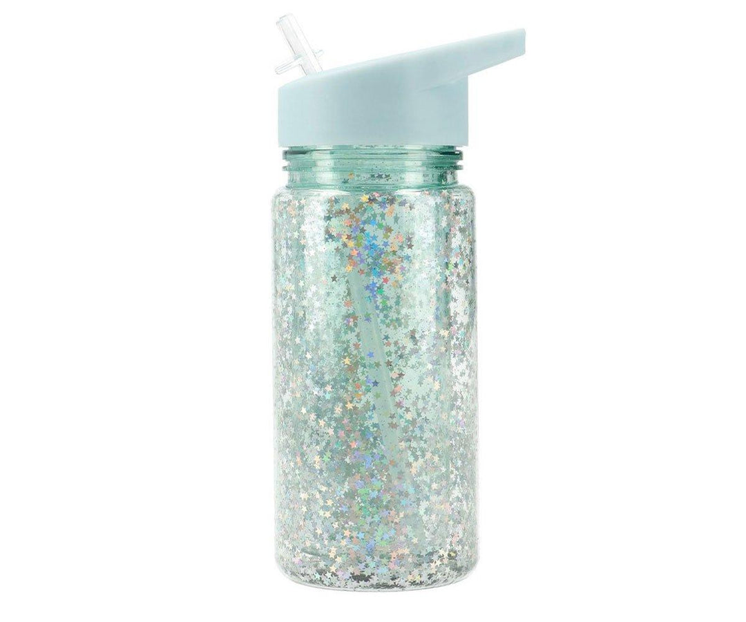 Botella Plástico con Pajita Glitter Stars Turquoise Personalizable