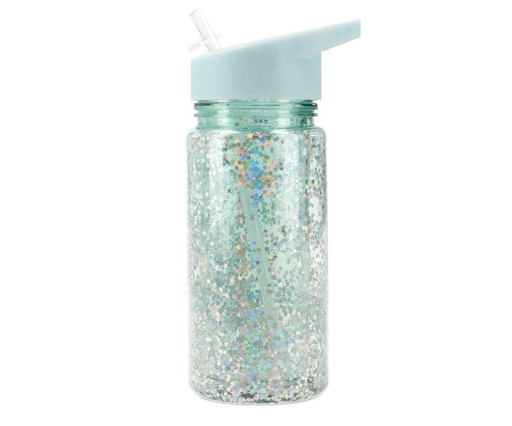 Botella Plástico con Pajita Glitter Stars Turquoise Personalizable