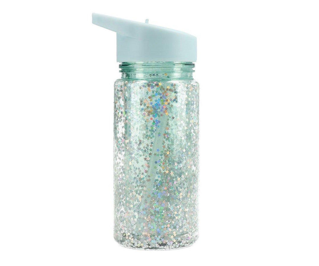 Botella Plástico con Pajita Glitter Stars Turquoise Personalizable