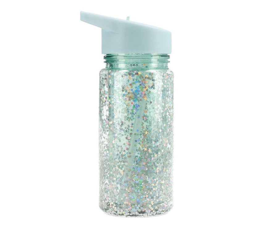 Botella Plástico con Pajita Glitter Stars Turquoise Personalizable