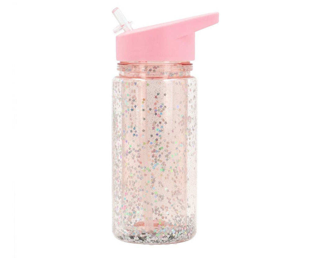 Botella Plástico con Pajita Glitter Stars Pink Personalizable