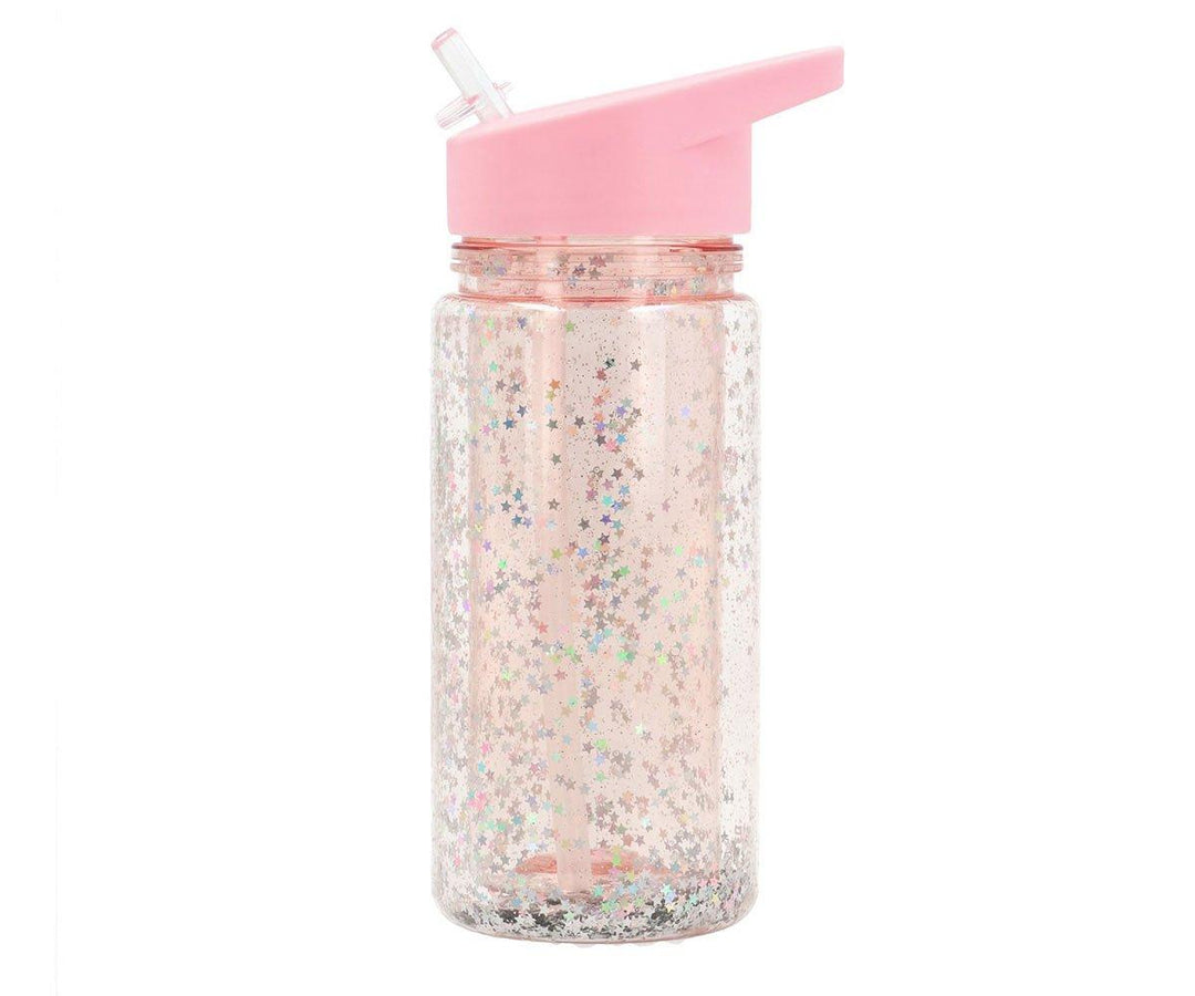 Botella Plástico con Pajita Glitter Stars Pink Personalizable
