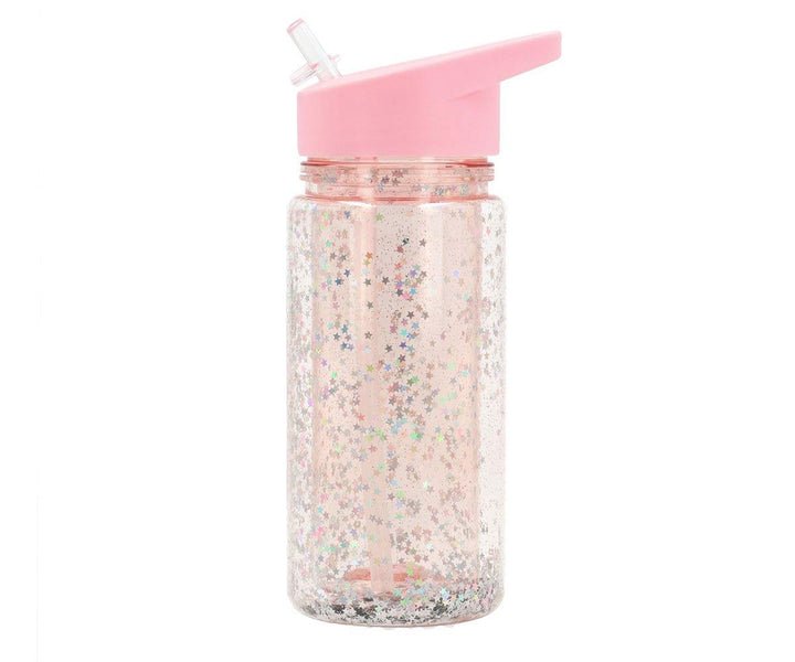 Botella Plástico con Pajita Glitter Stars Pink Personalizable