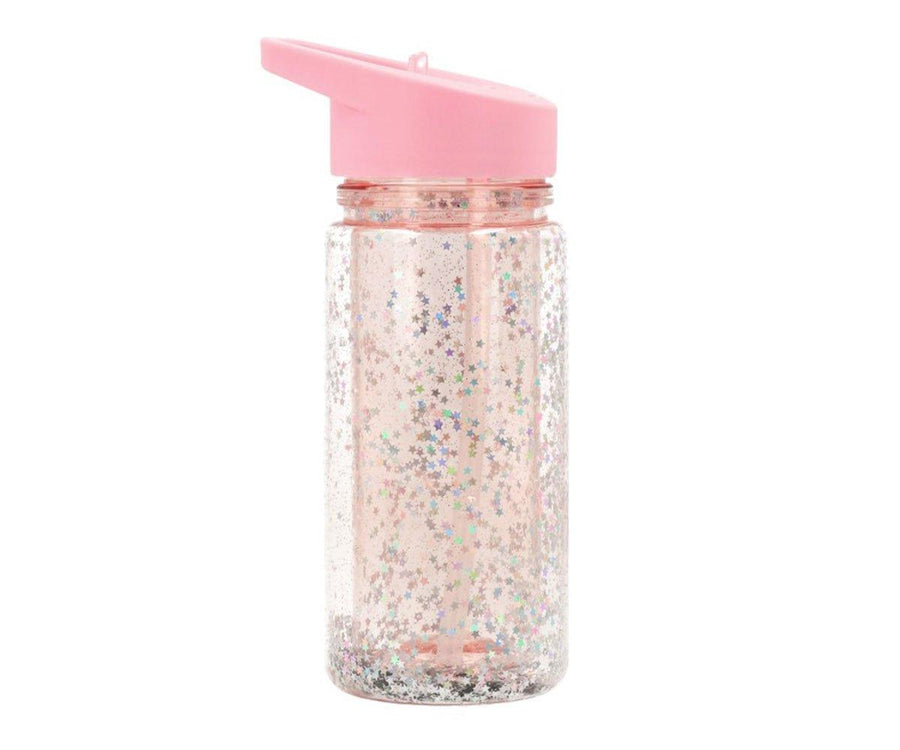 Botella Plástico con Pajita Glitter Stars Pink Personalizable