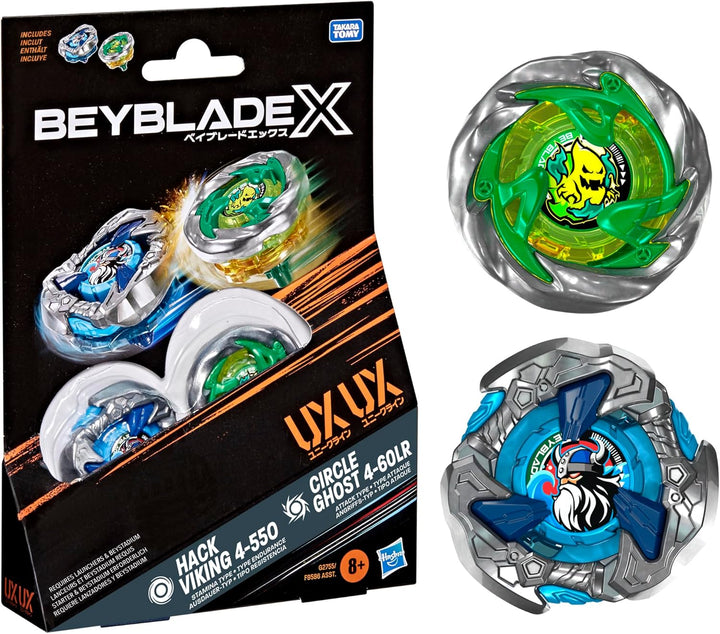 Beyblade X, Circle Ghost 4-60LR UX y Hack Viking 4-55O UX