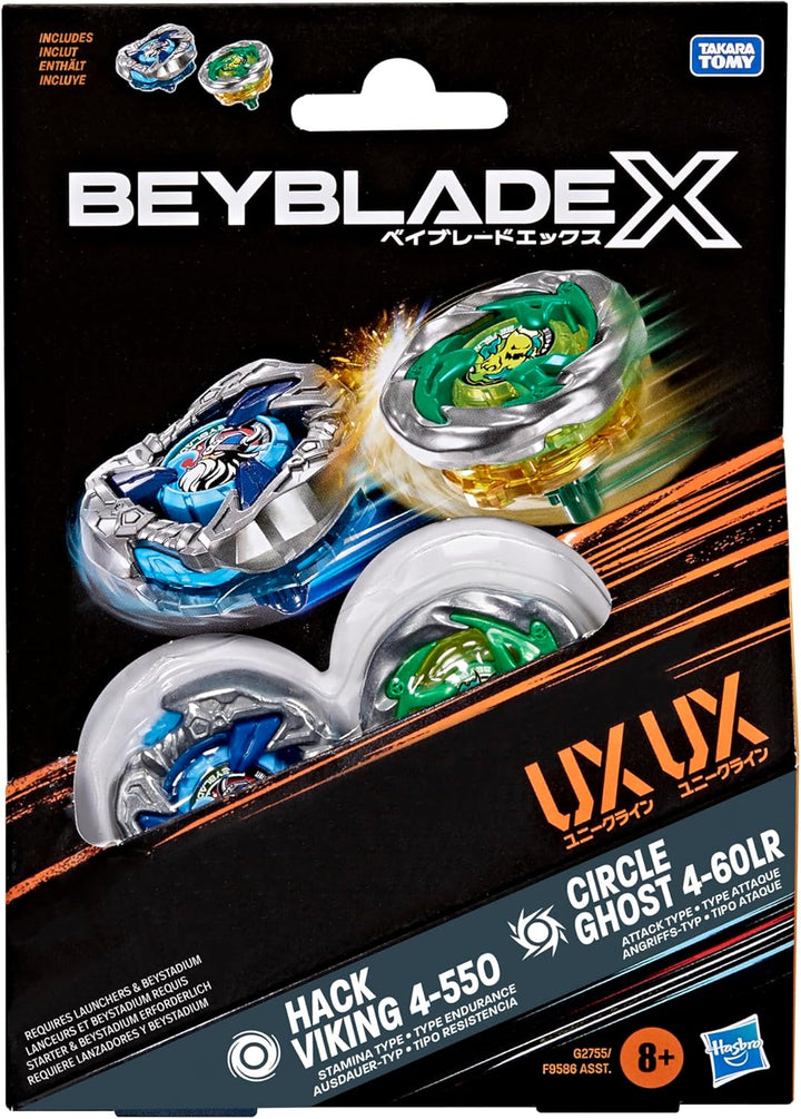 Beyblade X, Circle Ghost 4-60LR UX y Hack Viking 4-55O UX