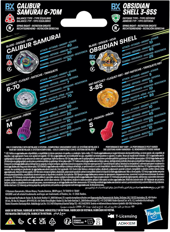 Beyblade X, Pack Doble Calibur Samurai 6-70M Bx y Obsidian Shell 3-85S Bx
