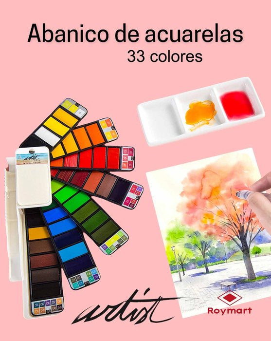 Caja 33 acuarelas profesional water color forma abanico