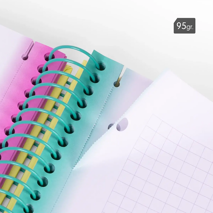 Cuaderno A4 con espiral y tapa dura, papel cuadriculado, 90 hojas de 95gr/m², colección Sunset, turquesa