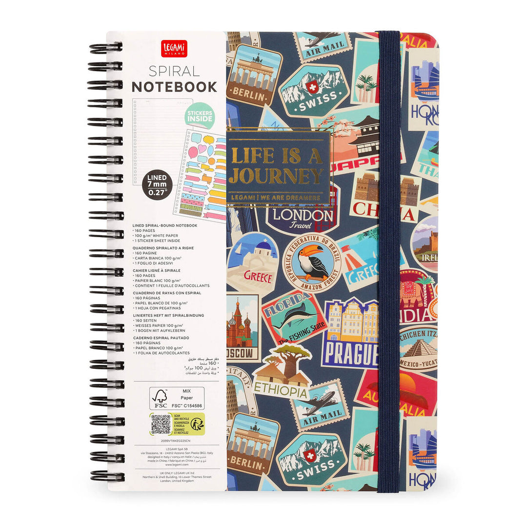 Cuaderno a Rayas A4 con Portada Rígida Ilustrada - Travel Stickers - Con Espiral