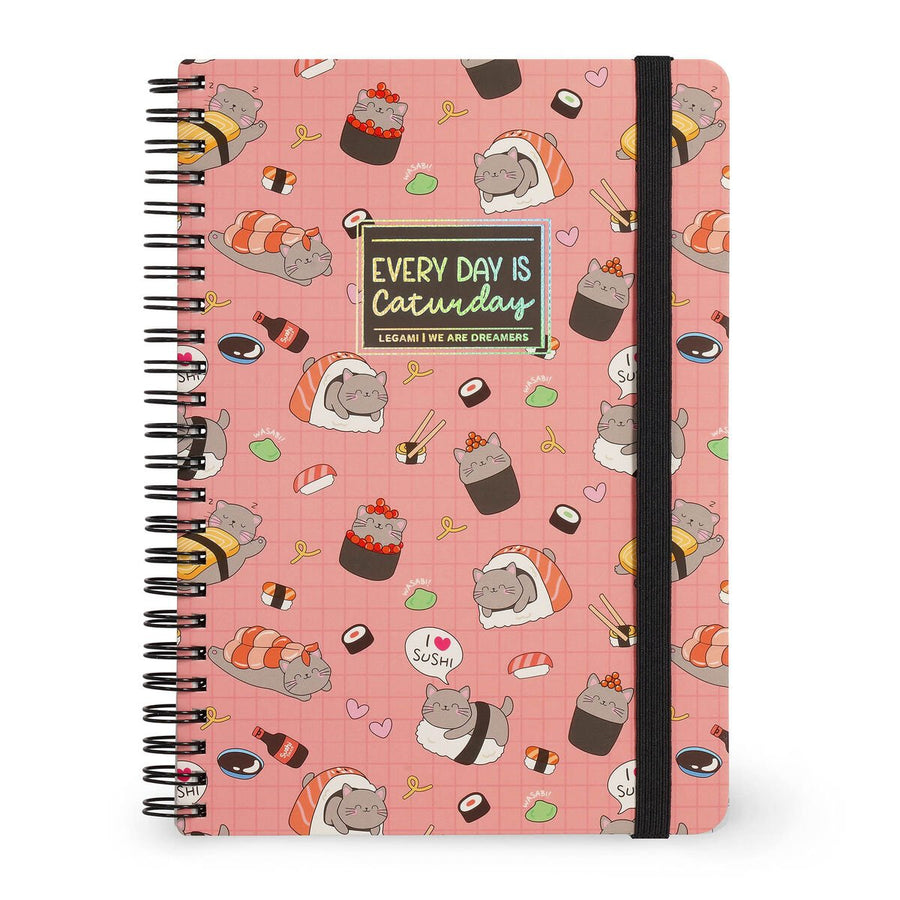 Cuaderno a Rayas A5 con Portada Rígida Ilustrada - Sushi Cat - Bloc de Notas - Con Espiral