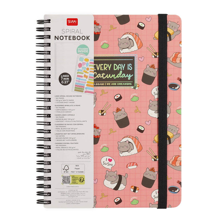Cuaderno a Rayas A5 con Portada Rígida Ilustrada - Sushi Cat - Bloc de Notas - Con Espiral