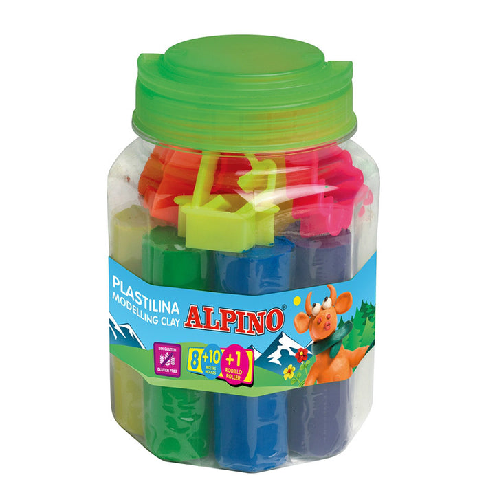 Kit plastilina Alpino Bote hex. 8 col. 80 grs. 10 moldes + rodillo