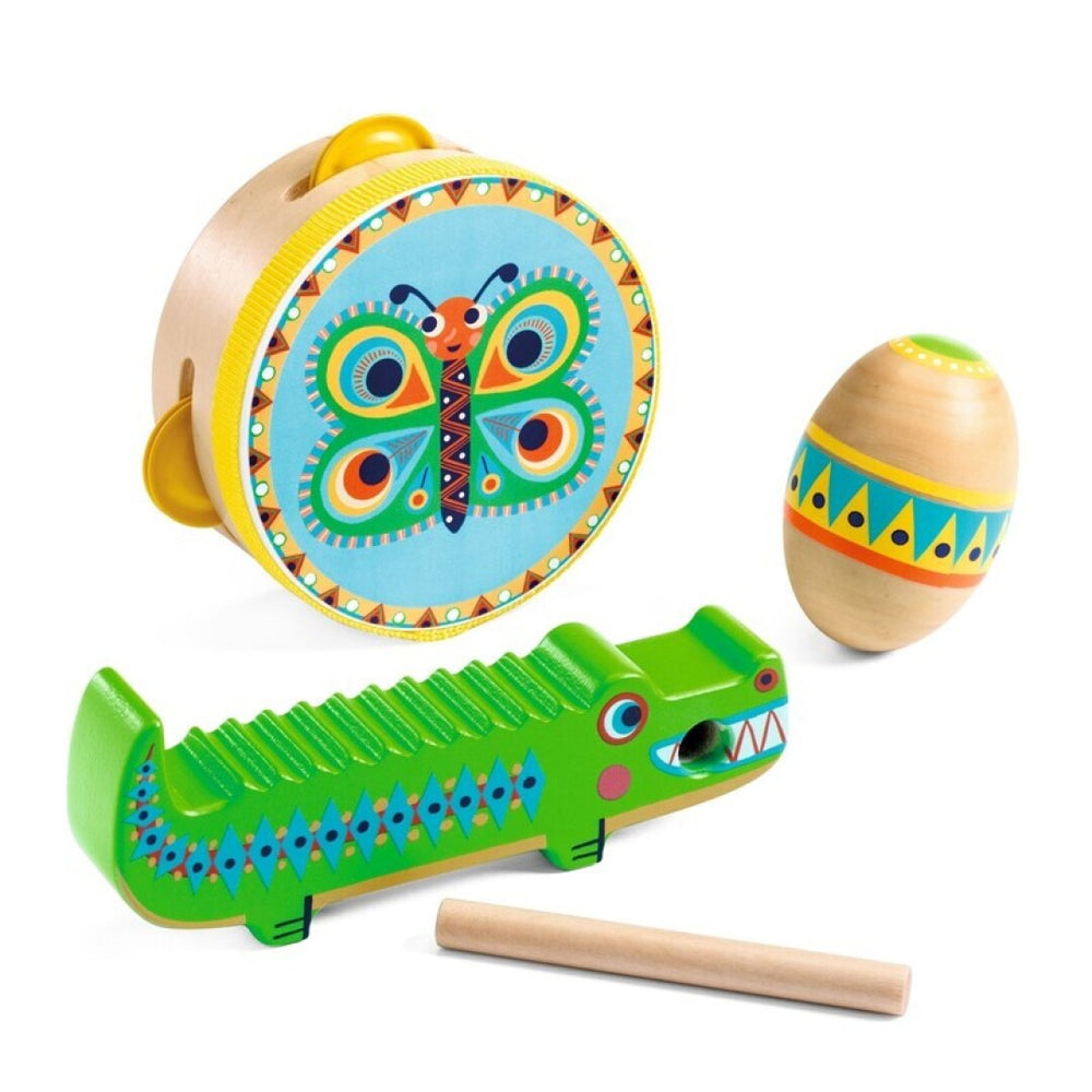 Animambo conjunto de percusión: pandereta, maracas, güiro