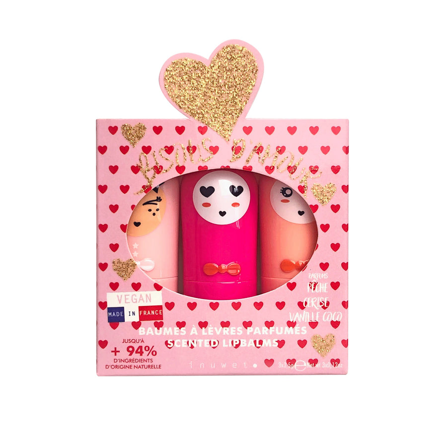 Set de 3 bálsamos labiales (melocotón, cereza y vainilla)