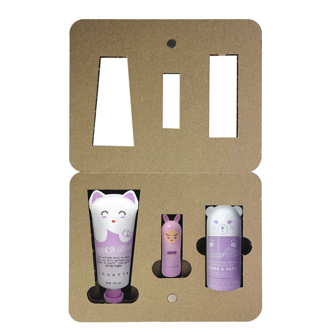 Caja dream morada: Mascarilla facial stick + Crema manos + Bálsamo labial