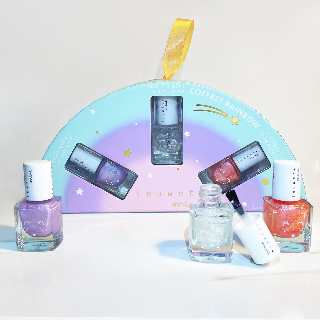 Set rainbow: 3 esmaltes de uñas (morado, top coat de estrellas y rosa)
