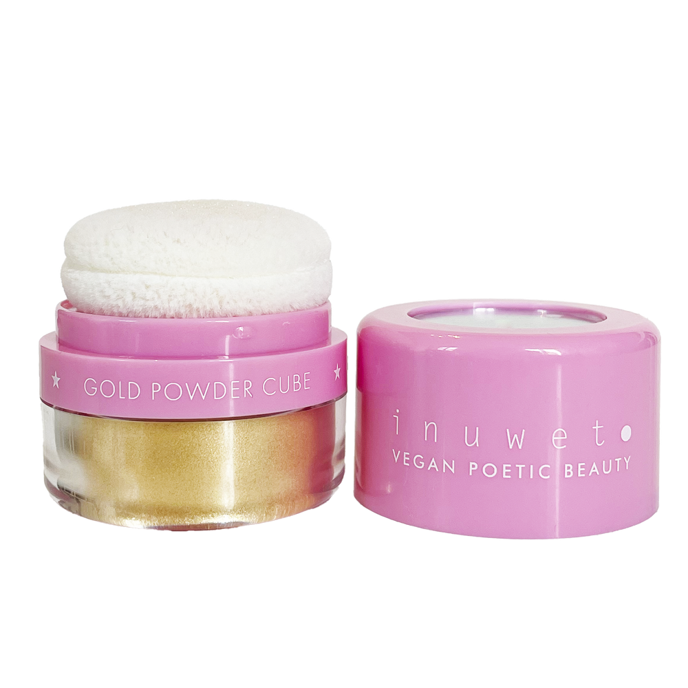 Cubitos de polvos dorados brillantes de maquillaje con espejo