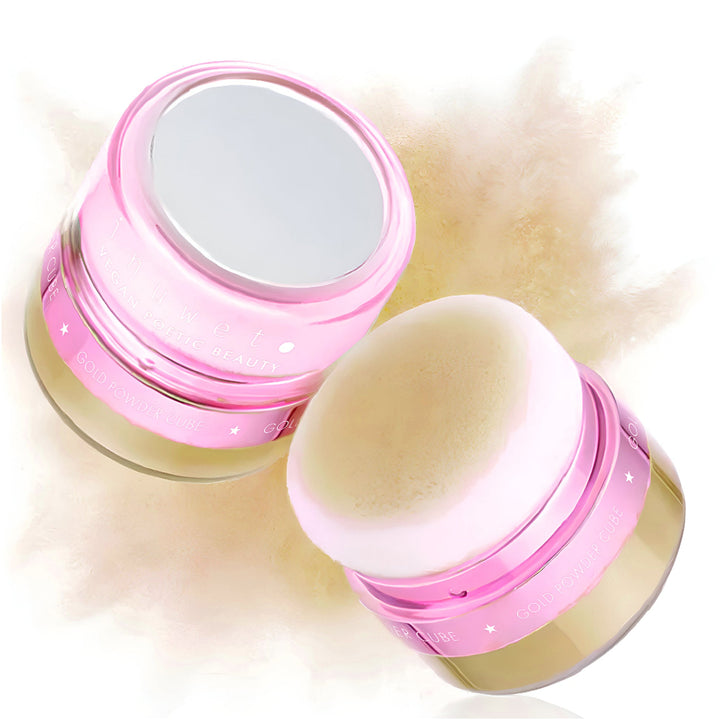 Cubitos de polvos dorados brillantes de maquillaje con espejo