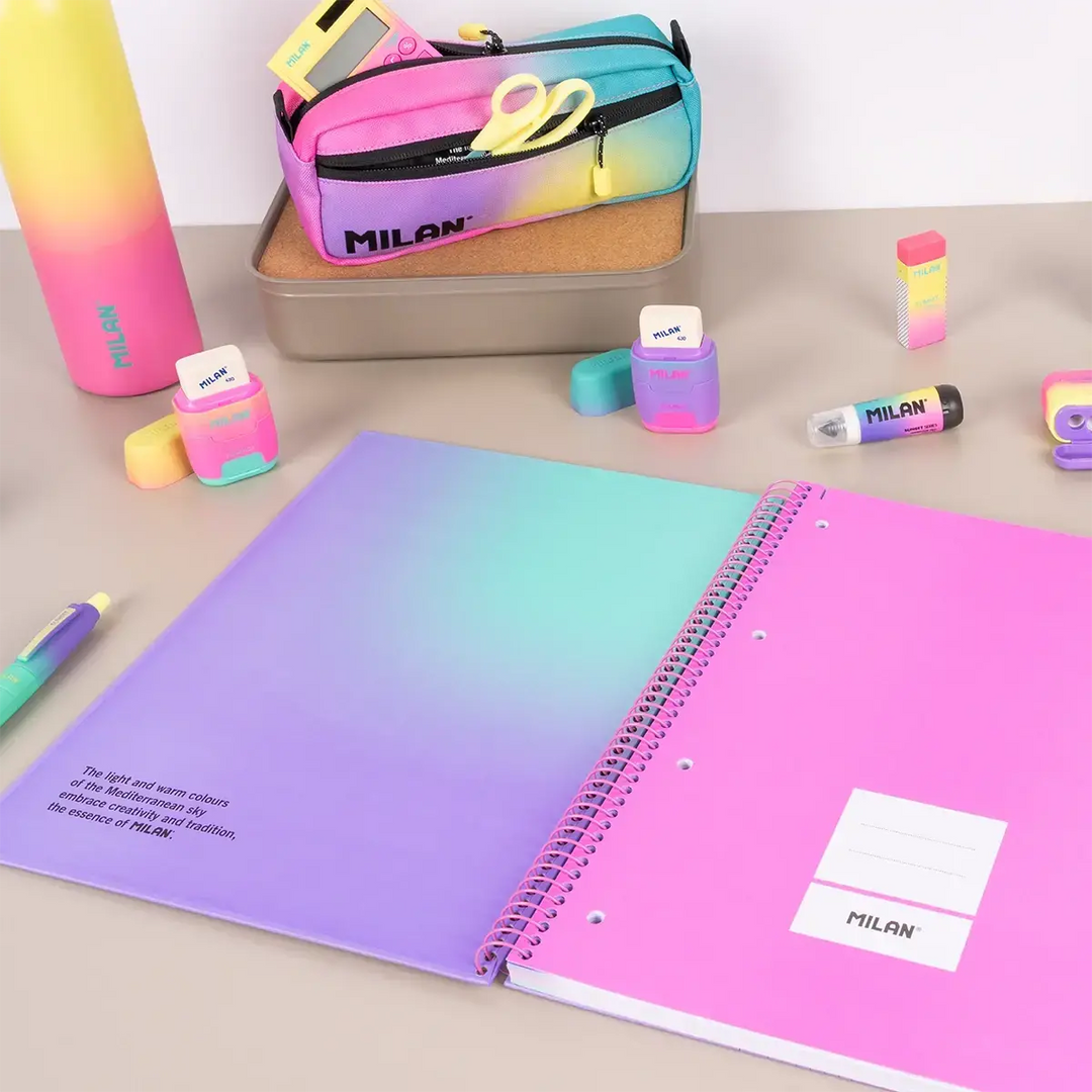 Cuaderno A4 con espiral y tapa dura, papel cuadriculado, 90 hojas de 95gr/m², colección Sunset, lila