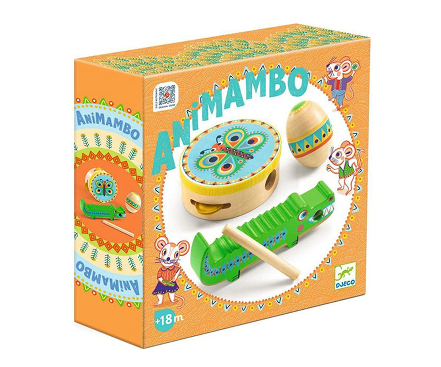 Animambo conjunto de percusión: pandereta, maracas, güiro