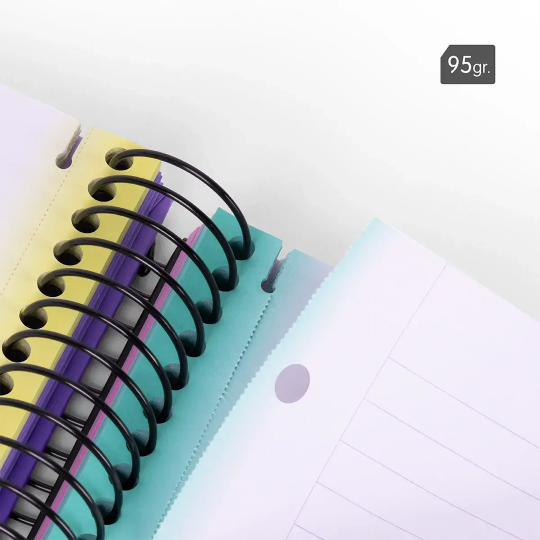 Cuaderno A4 con espiral y tapa dura, papel a líneas, 120 hojas de 95 gr/m², colección Sunset
